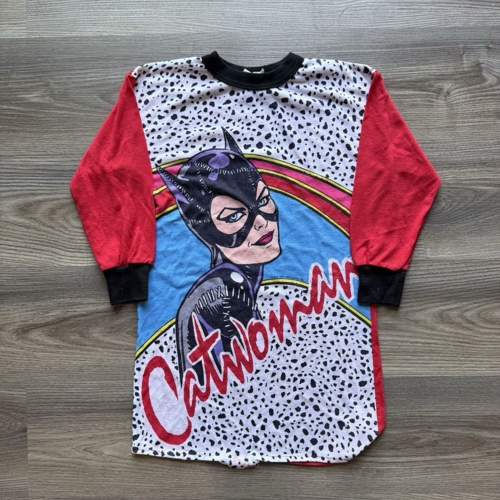 Vintage 90s Catwoman Pajama Dress Shirt Youth Girls Size Small AOP DC Comics USA